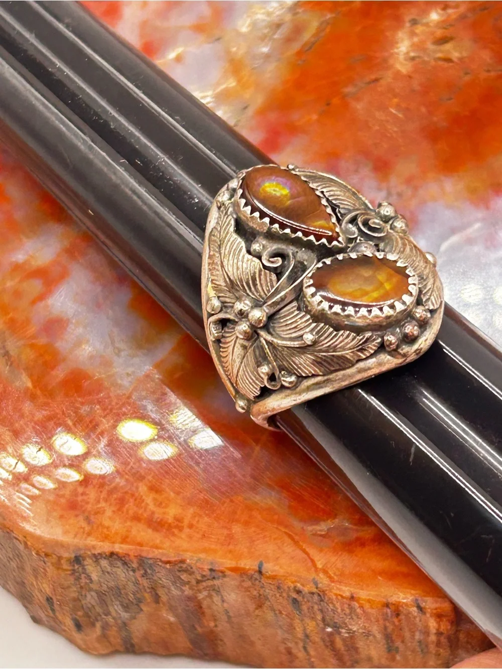 Mens Southwest Sterling Silver Fire Opal Ring - Size 11.5